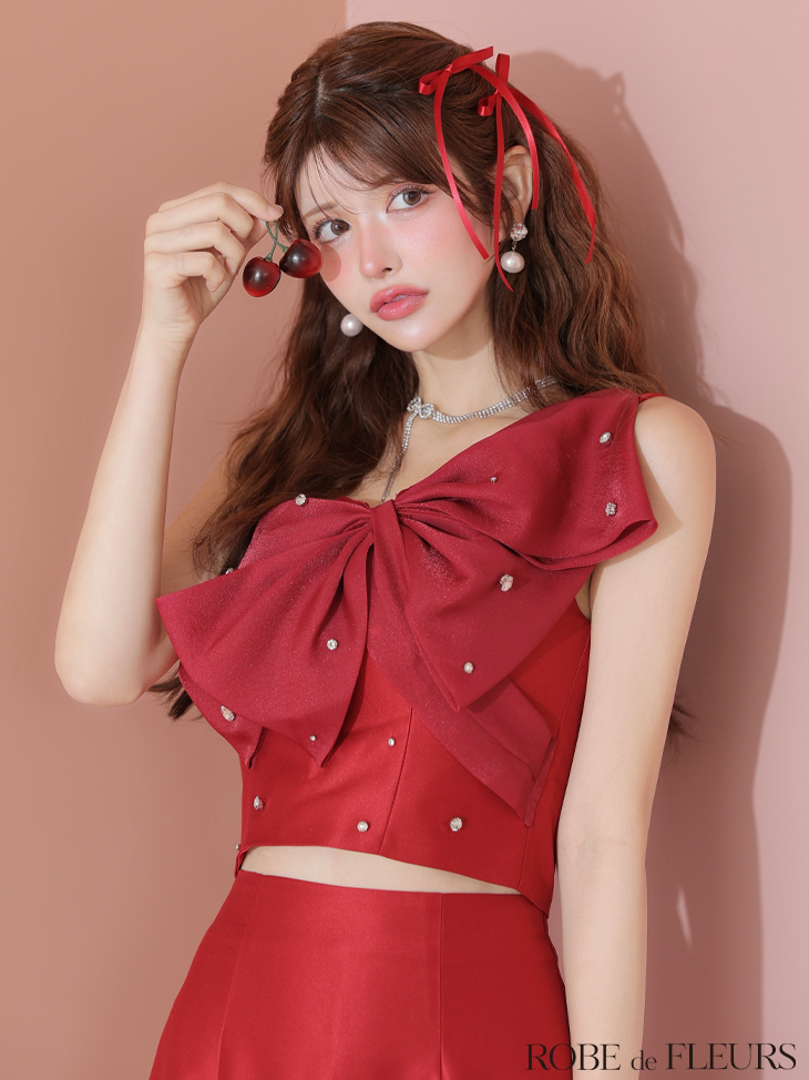 ROBE de FLEURS ローブドフルール ビッグオーガンジーリボンワンショルタイトセットアップミニキャバドレス fm4202-c