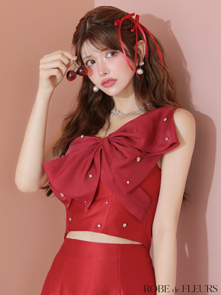 ROBE de FLEURS ローブドフルール ビッグオーガンジーリボンワンショルタイトセットアップミニキャバドレス fm4202-c