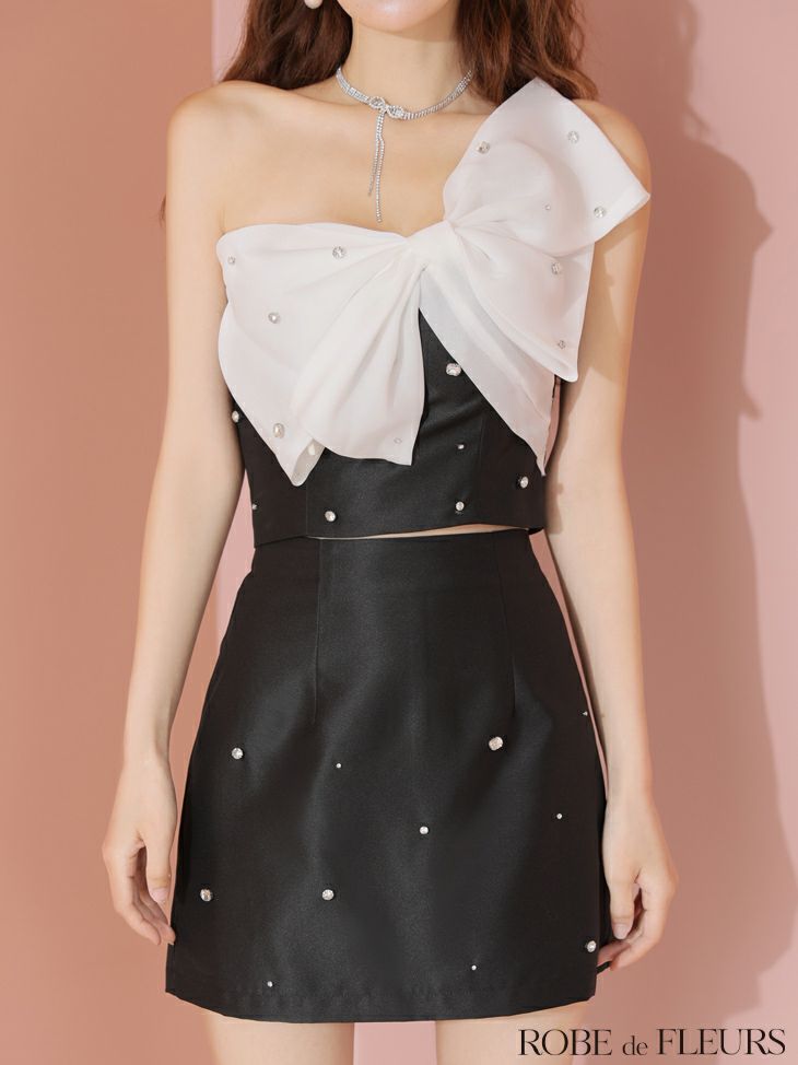 ROBE de FLEURS ローブドフルール ビッグオーガンジーリボンワンショルタイトセットアップミニキャバドレス fm4202-c