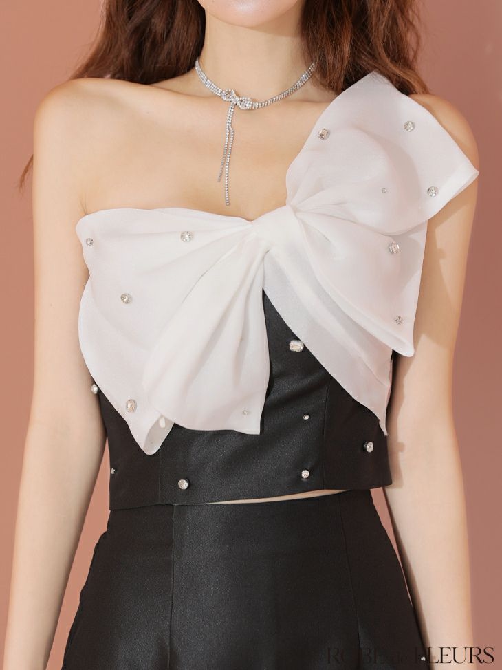 ROBE de FLEURS ローブドフルール ビッグオーガンジーリボンワンショルタイトセットアップミニキャバドレス fm4202-c