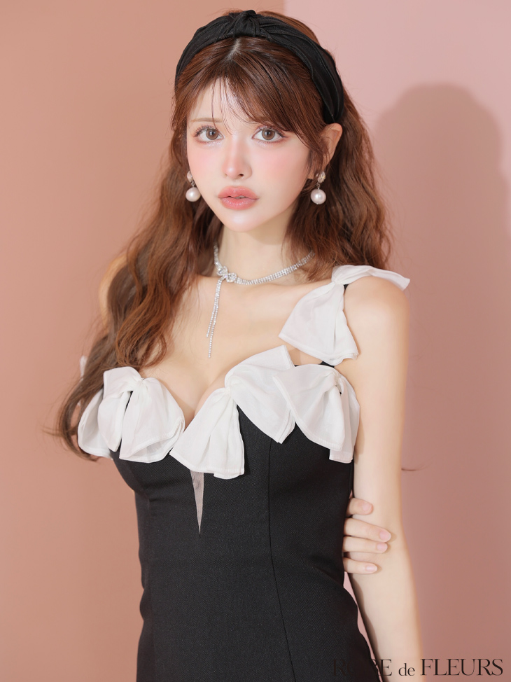 ROBE de FLEURS ローブドフルール シフォンリボンワンショルタイトミニキャバドレス fm3460-c