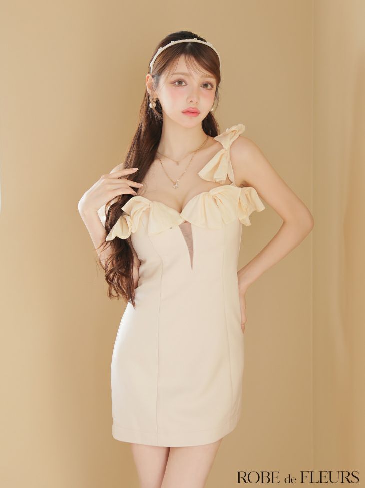 ROBE de FLEURS ローブドフルール シフォンリボンワンショルタイトミニキャバドレス fm3460-c