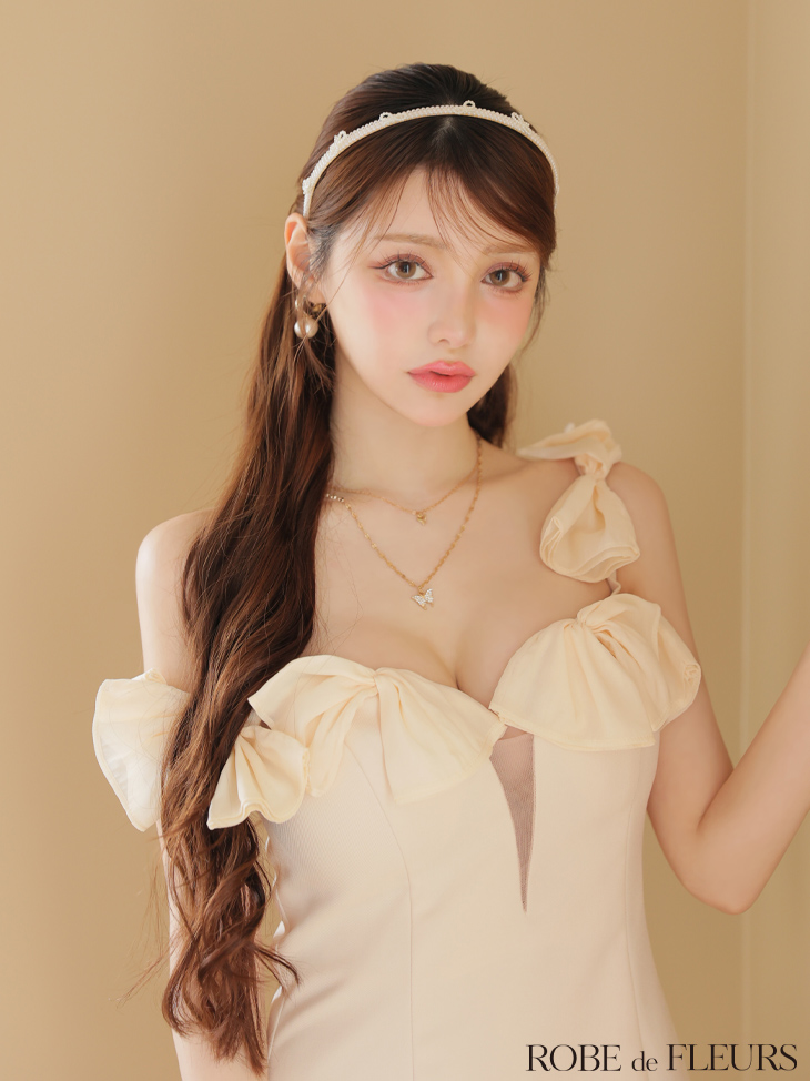 ROBE de FLEURS ローブドフルール シフォンリボンワンショルタイトミニキャバドレス fm3460-c
