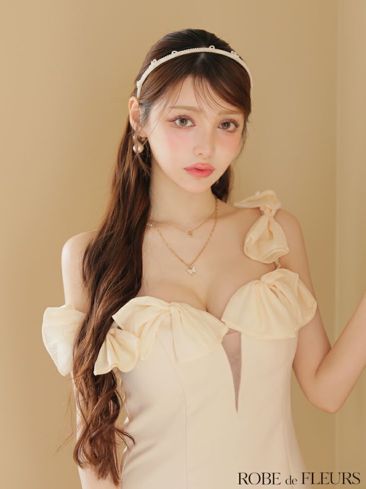 ROBE de FLEURS ローブドフルール シフォンリボンワンショルタイトミニキャバドレス fm3460-c