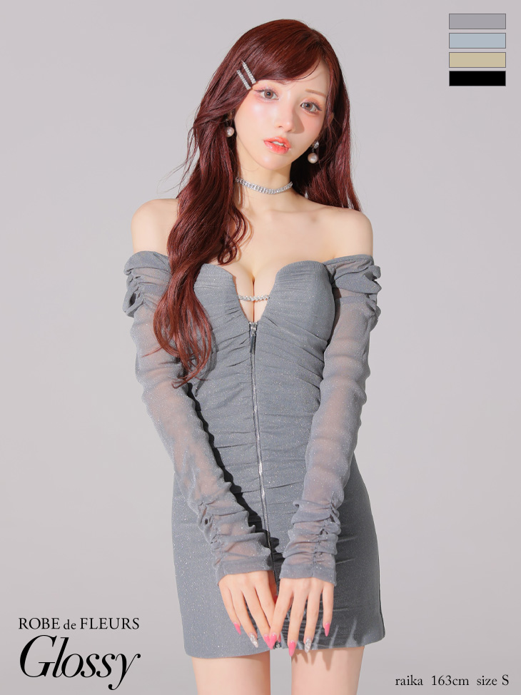 Glossy ローブドフルールグロッシー オフショルラメチュールセンタージップミニキャバドレス gl3926