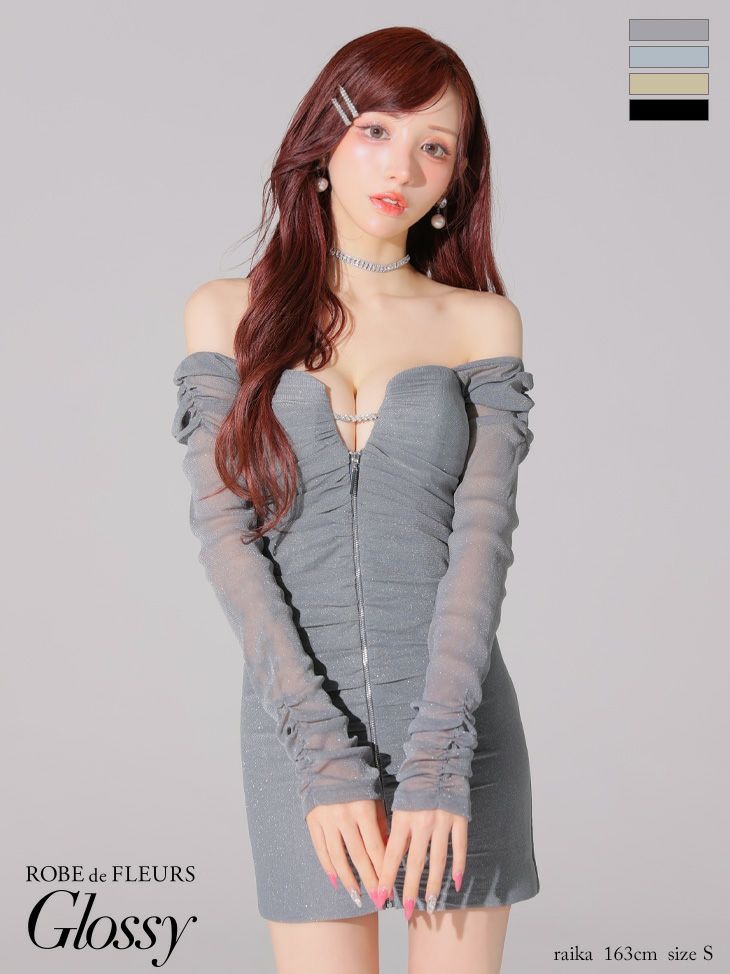 Glossy ローブドフルールグロッシー オフショルラメチュールセンタージップミニキャバドレス gl3926