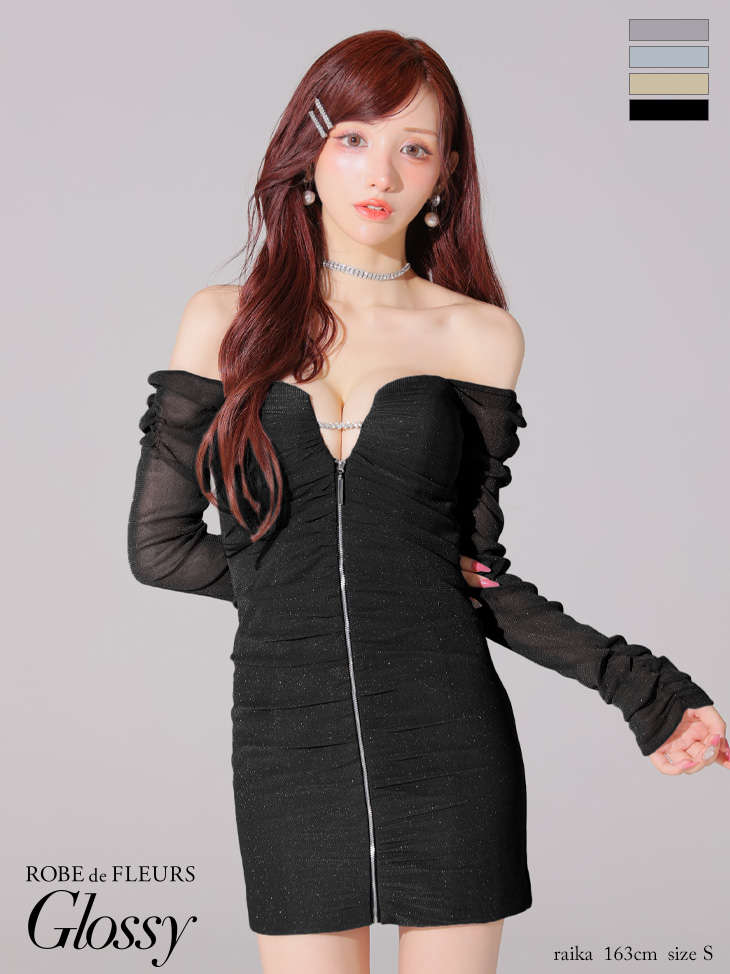 Glossy ローブドフルールグロッシー オフショルラメチュールセンタージップミニキャバドレス gl3926