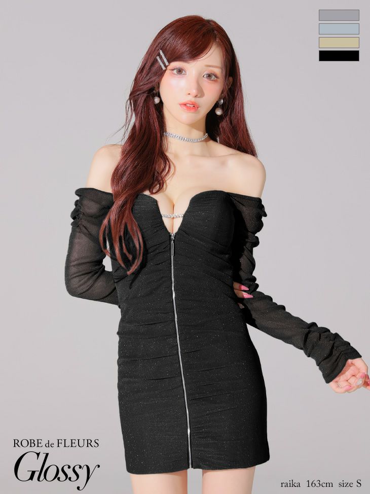 Glossy ローブドフルールグロッシー オフショルラメチュールセンタージップミニキャバドレス gl3926