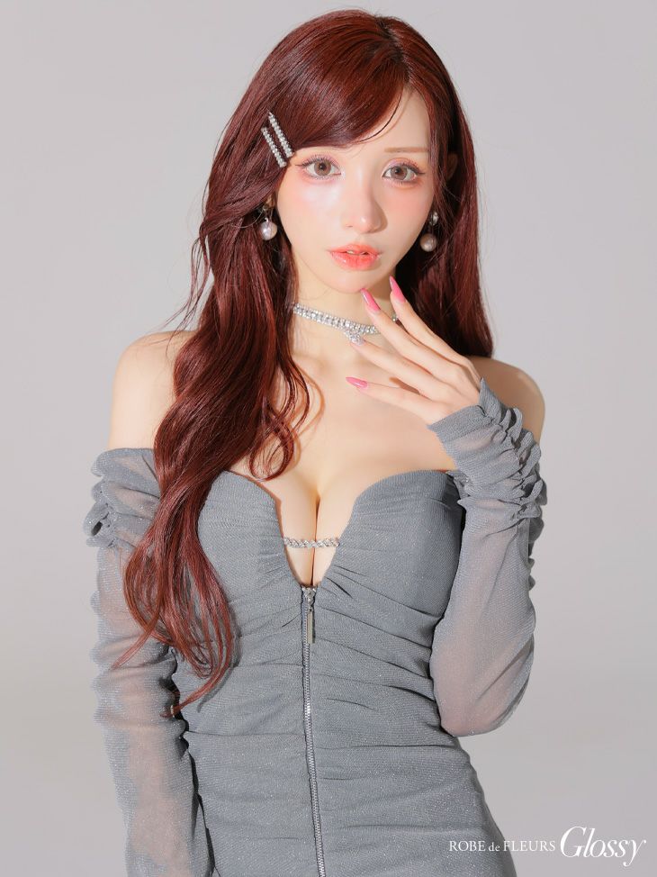 Glossy ローブドフルールグロッシー オフショルラメチュールセンタージップミニキャバドレス gl3926