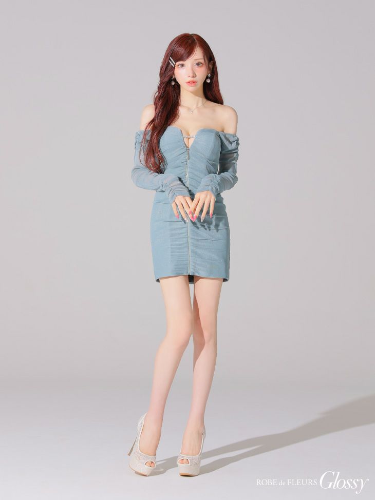Glossy ローブドフルールグロッシー オフショルラメチュールセンタージップミニキャバドレス gl3926