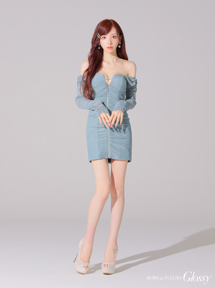 Glossy ローブドフルールグロッシー オフショルラメチュールセンタージップミニキャバドレス gl3926
