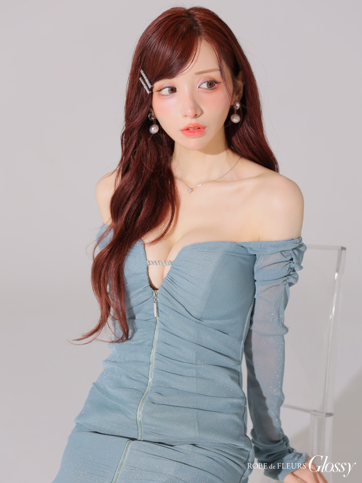 Glossy ローブドフルールグロッシー オフショルラメチュールセンタージップミニキャバドレス gl3926