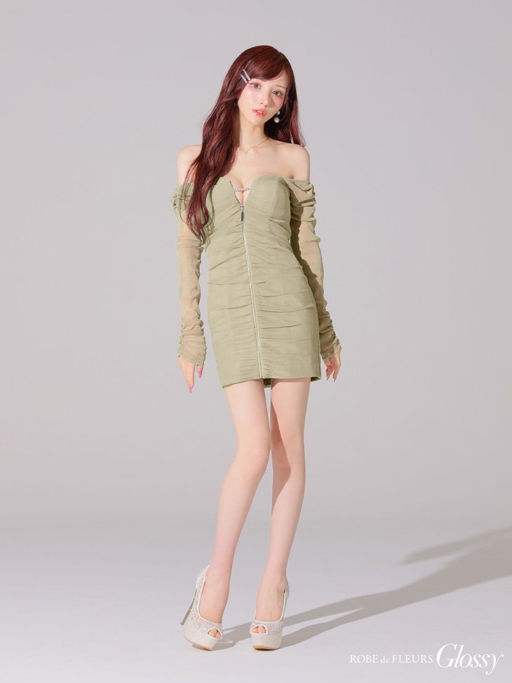 Glossy ローブドフルールグロッシー オフショルラメチュールセンタージップミニキャバドレス gl3926