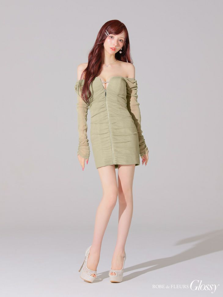 Glossy ローブドフルールグロッシー オフショルラメチュールセンタージップミニキャバドレス gl3926