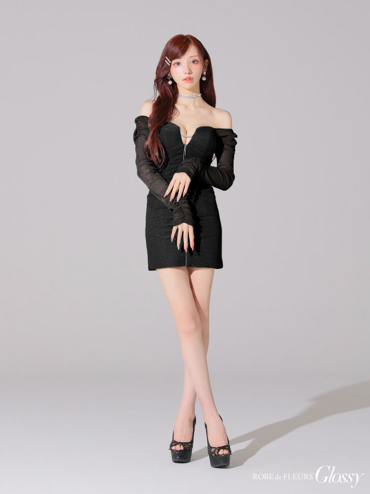 Glossy ローブドフルールグロッシー オフショルラメチュールセンタージップミニキャバドレス gl3926