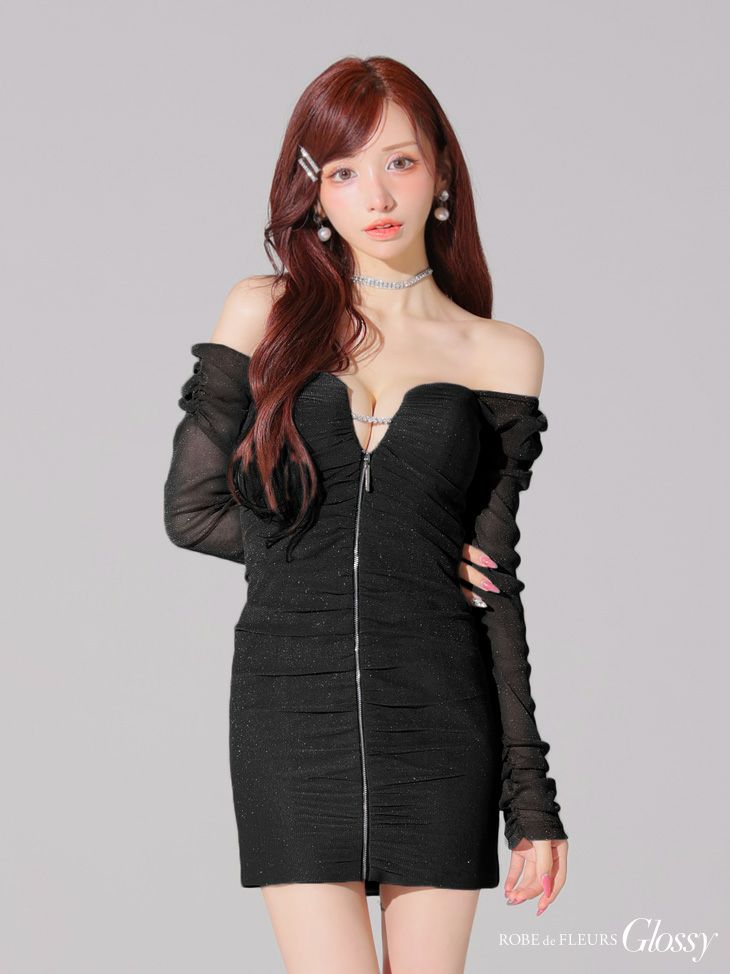 Glossy ローブドフルールグロッシー オフショルラメチュールセンタージップミニキャバドレス gl3926