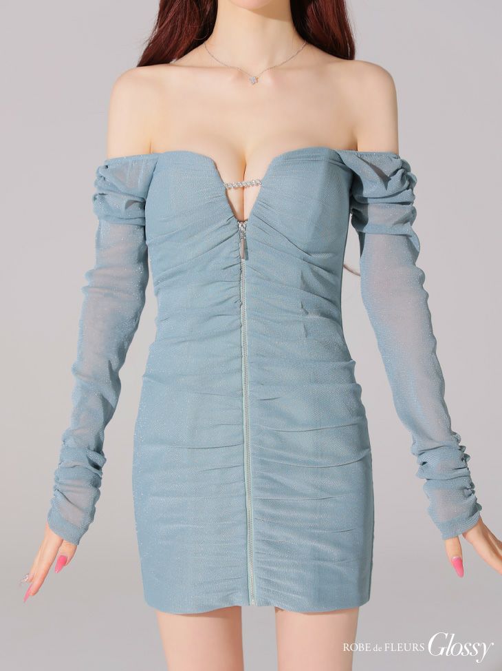 Glossy ローブドフルールグロッシー オフショルラメチュールセンタージップミニキャバドレス gl3926