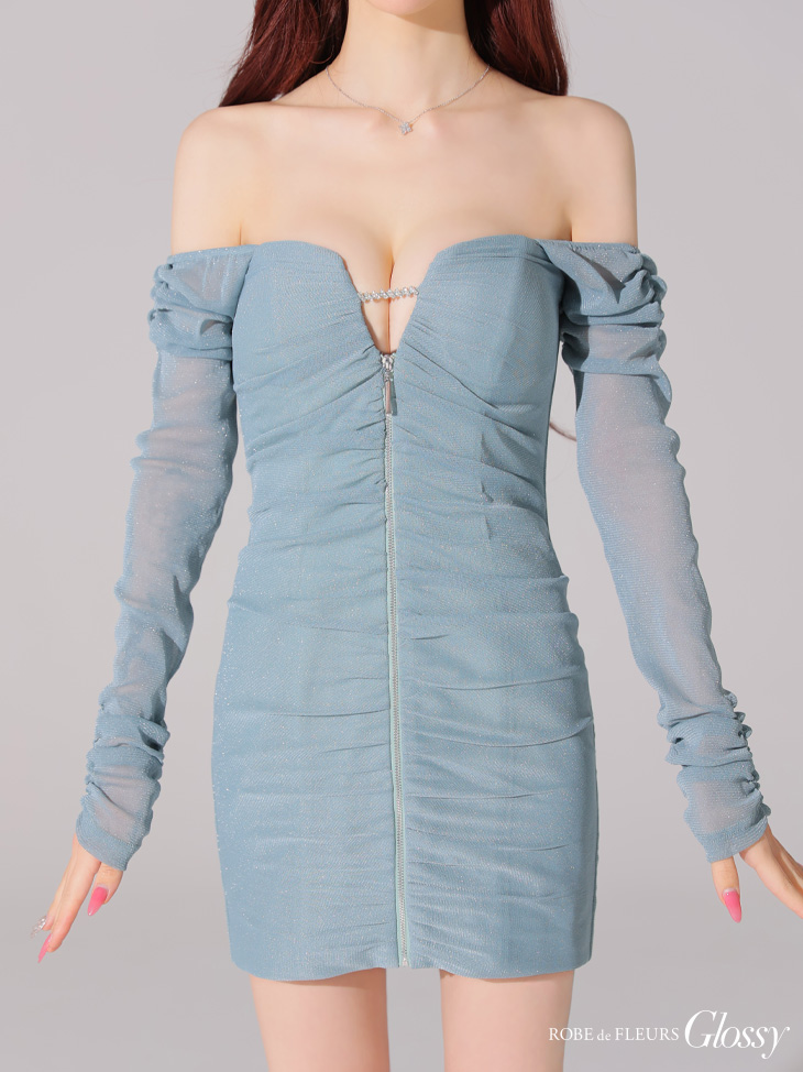 Glossy ローブドフルールグロッシー オフショルラメチュールセンタージップミニキャバドレス gl3926