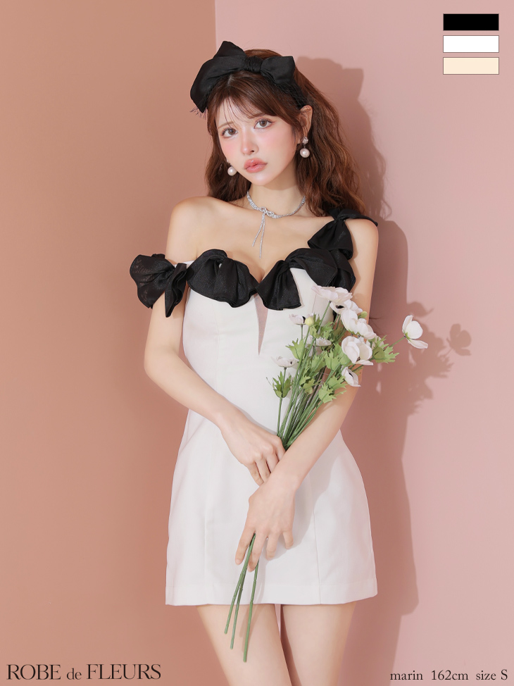 ROBE de FLEURS ローブドフルール シフォンリボンワンショルタイトミニキャバドレス fm3460