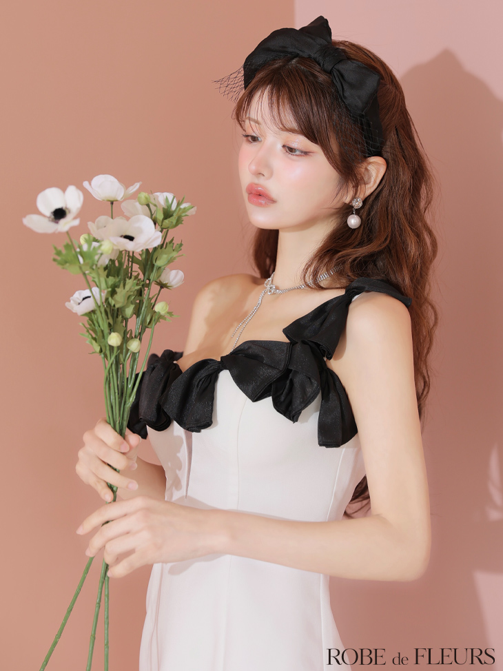ROBE de FLEURS ローブドフルール シフォンリボンワンショルタイトミニキャバドレス fm3460
