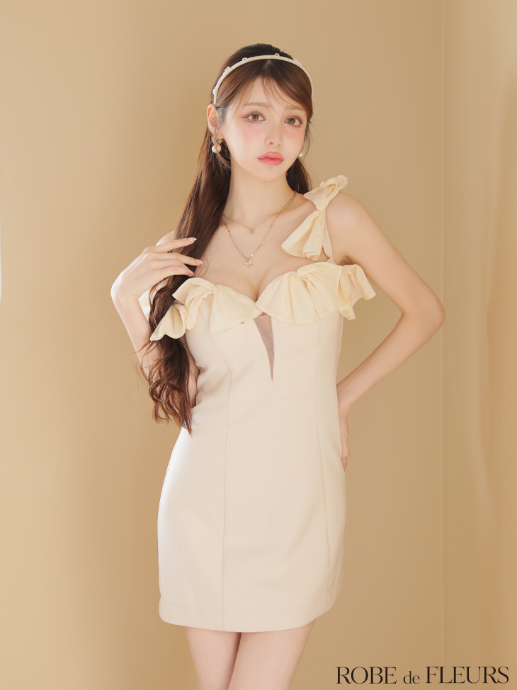 ROBE de FLEURS ローブドフルール シフォンリボンワンショルタイトミニキャバドレス fm3460