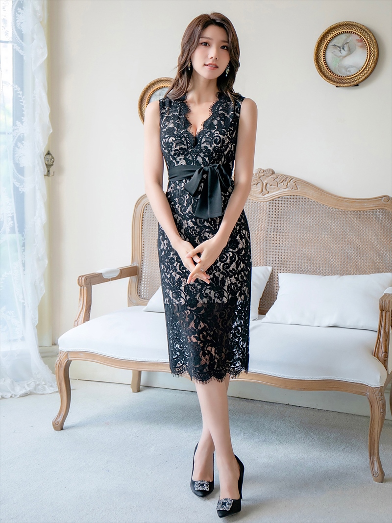 ERUKEI エルケイ ブラック 総レース・Vネック・ノースリーブ・リボンベルト・膝丈・ミディアムドレス・ワンピース ek-e33179-3