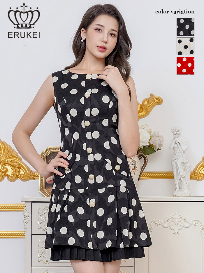 ERUKEI エルケイ ベージュ×ブラック ドット・ノースリーブ・裾プリーツ・Aライン・ミニドレス・ワンピース ek-e25048