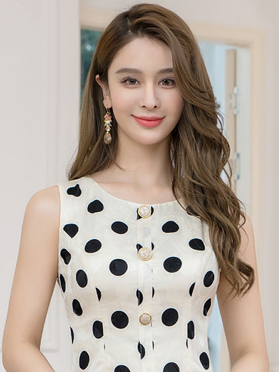 ERUKEI エルケイ ベージュ×ブラック ドット・ノースリーブ・裾プリーツ・Aライン・ミニドレス・ワンピース ek-e25048