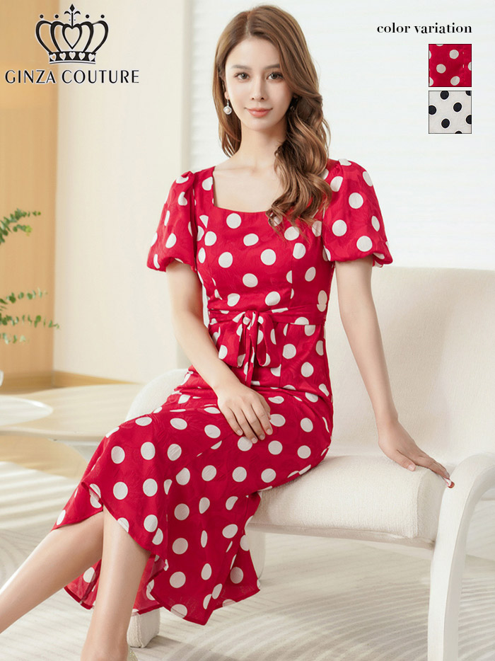 ERUKEI エルケイ パフスリーブ・半袖・サテンジャガード・ドット・リボン・Aライン・ミディアムドレス・ワンピース ek-c25084