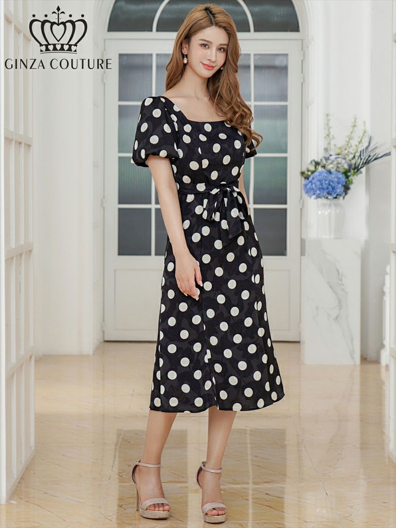 ERUKEI エルケイ パフスリーブ・半袖・サテンジャガード・ドット・リボン・Aライン・ミディアムドレス・ワンピース ek-c25084