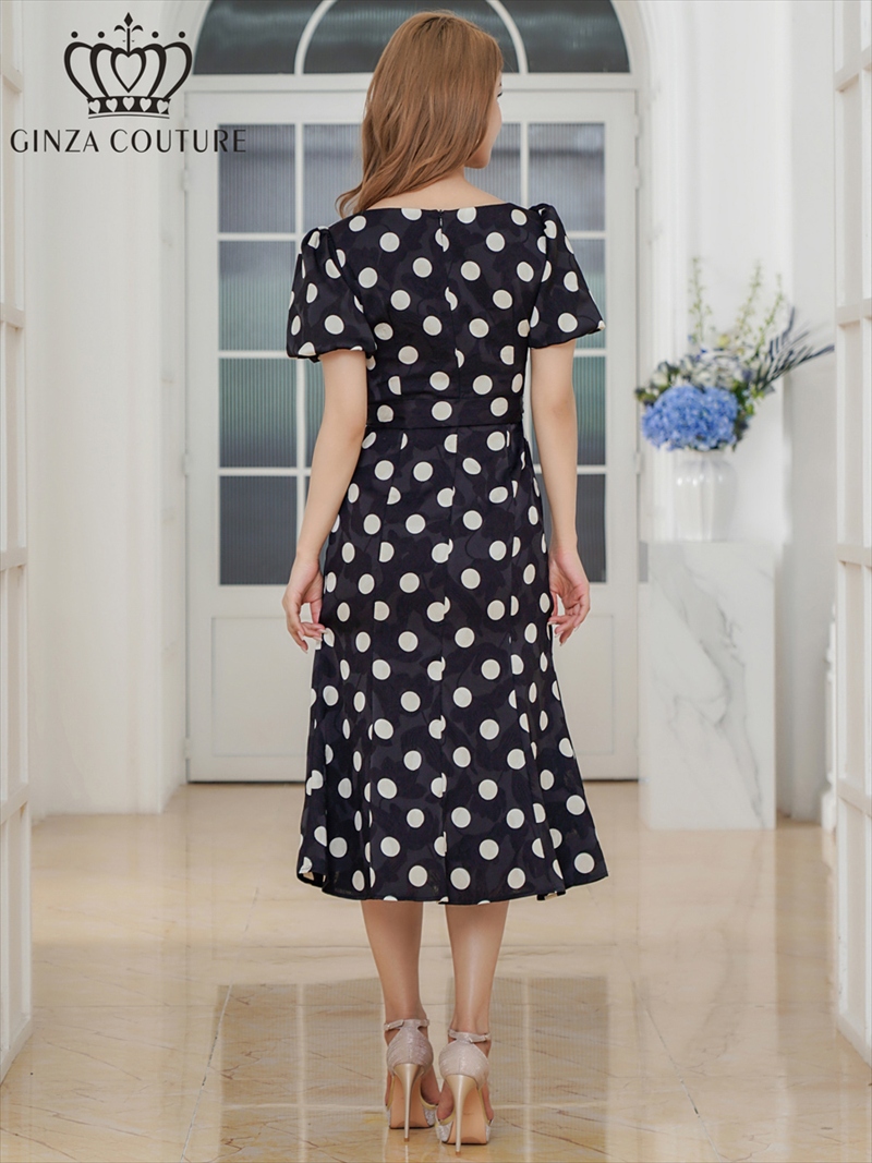 ERUKEI エルケイ パフスリーブ・半袖・サテンジャガード・ドット・リボン・Aライン・ミディアムドレス・ワンピース ek-c25084