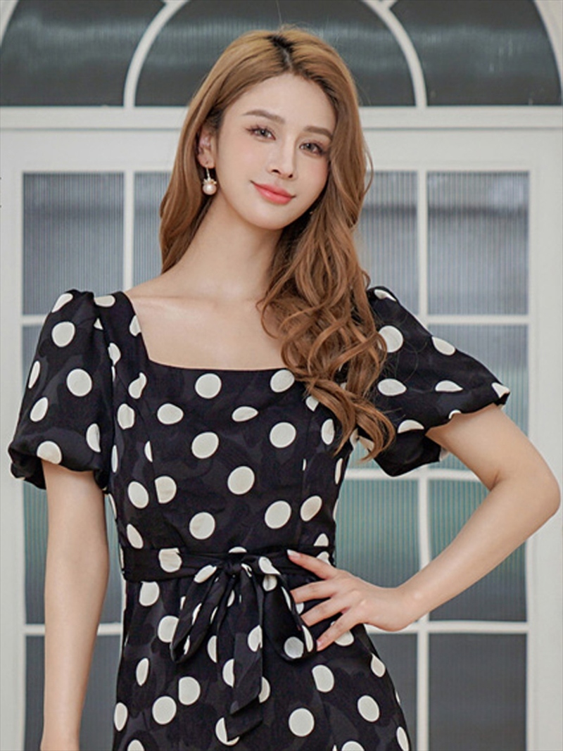 ERUKEI エルケイ パフスリーブ・半袖・サテンジャガード・ドット・リボン・Aライン・ミディアムドレス・ワンピース ek-c25084