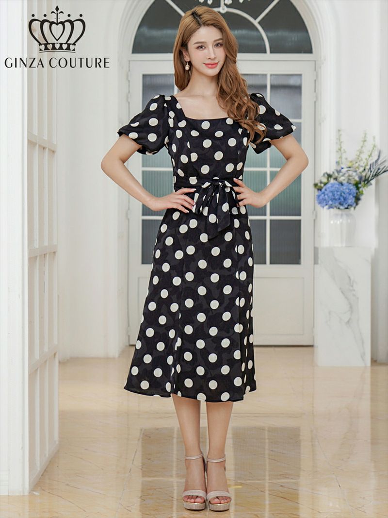 ERUKEI エルケイ パフスリーブ・半袖・サテンジャガード・ドット・リボン・Aライン・ミディアムドレス・ワンピース ek-c25084