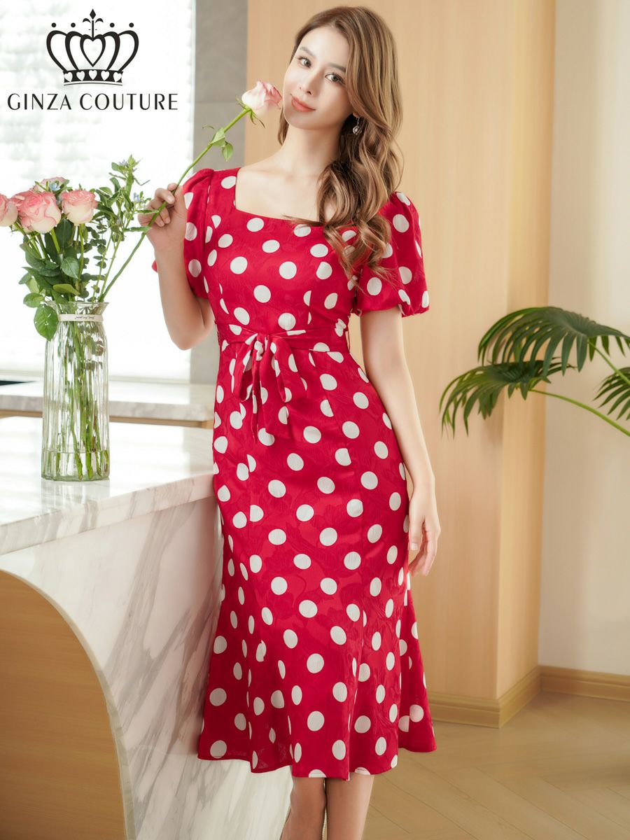 ERUKEI エルケイ パフスリーブ・半袖・サテンジャガード・ドット・リボン・Aライン・ミディアムドレス・ワンピース ek-c25084