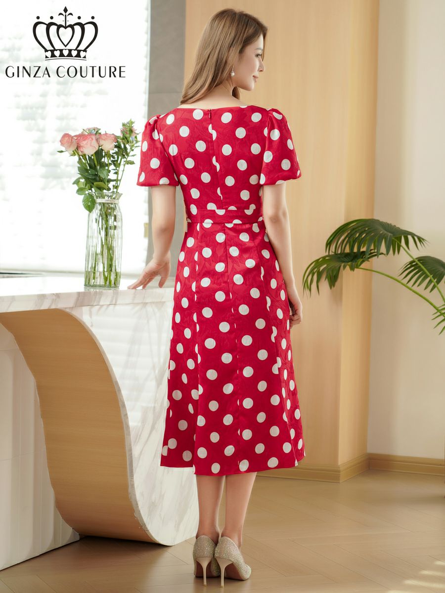 ERUKEI エルケイ パフスリーブ・半袖・サテンジャガード・ドット・リボン・Aライン・ミディアムドレス・ワンピース ek-c25084
