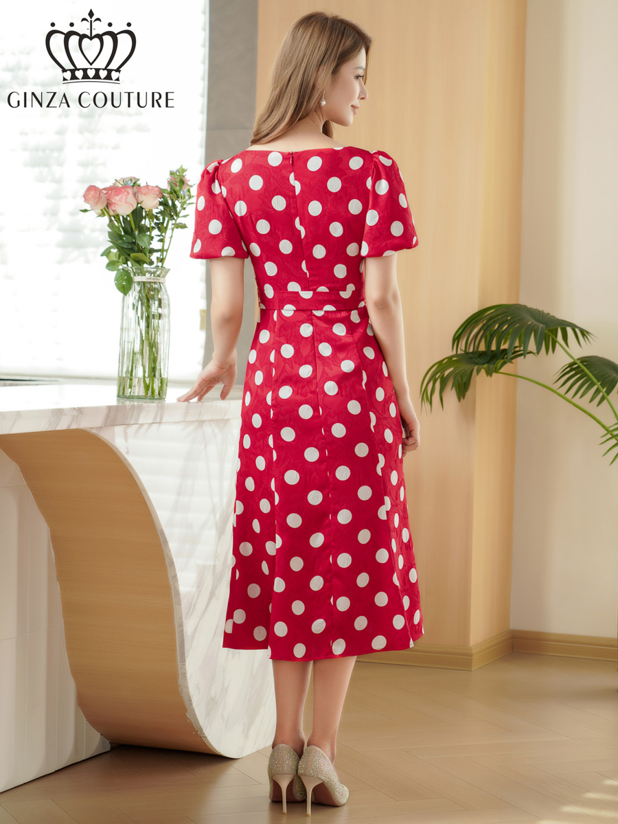 ERUKEI エルケイ パフスリーブ・半袖・サテンジャガード・ドット・リボン・Aライン・ミディアムドレス・ワンピース ek-c25084