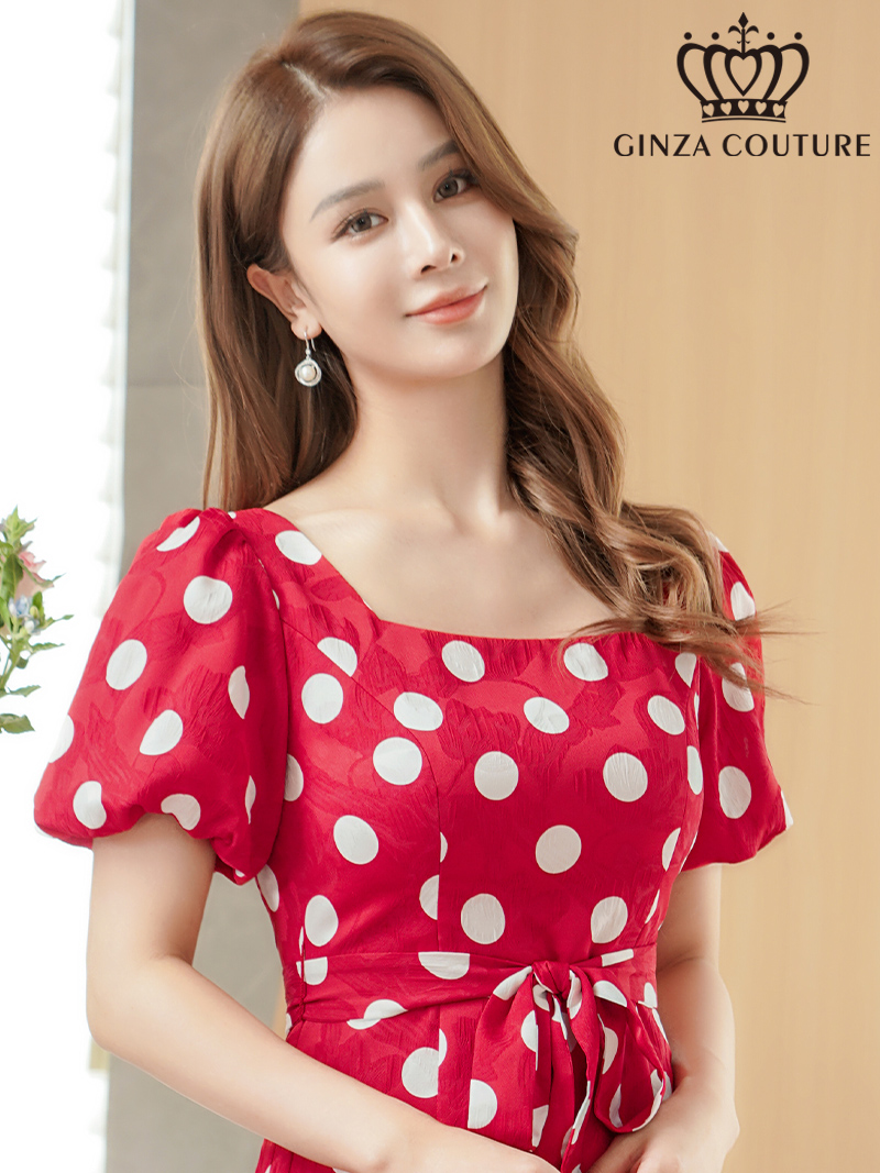 ERUKEI エルケイ パフスリーブ・半袖・サテンジャガード・ドット・リボン・Aライン・ミディアムドレス・ワンピース ek-c25084