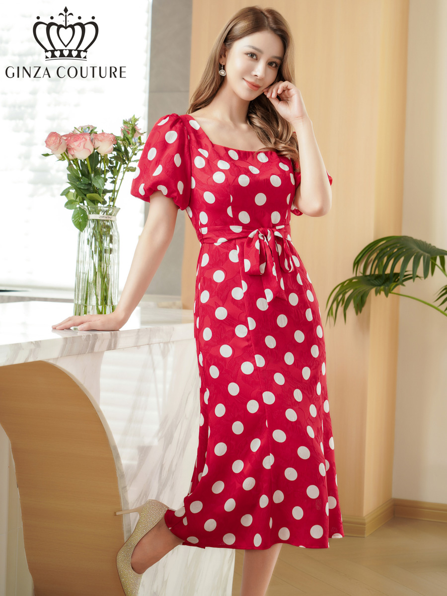 ERUKEI エルケイ パフスリーブ・半袖・サテンジャガード・ドット・リボン・Aライン・ミディアムドレス・ワンピース ek-c25084