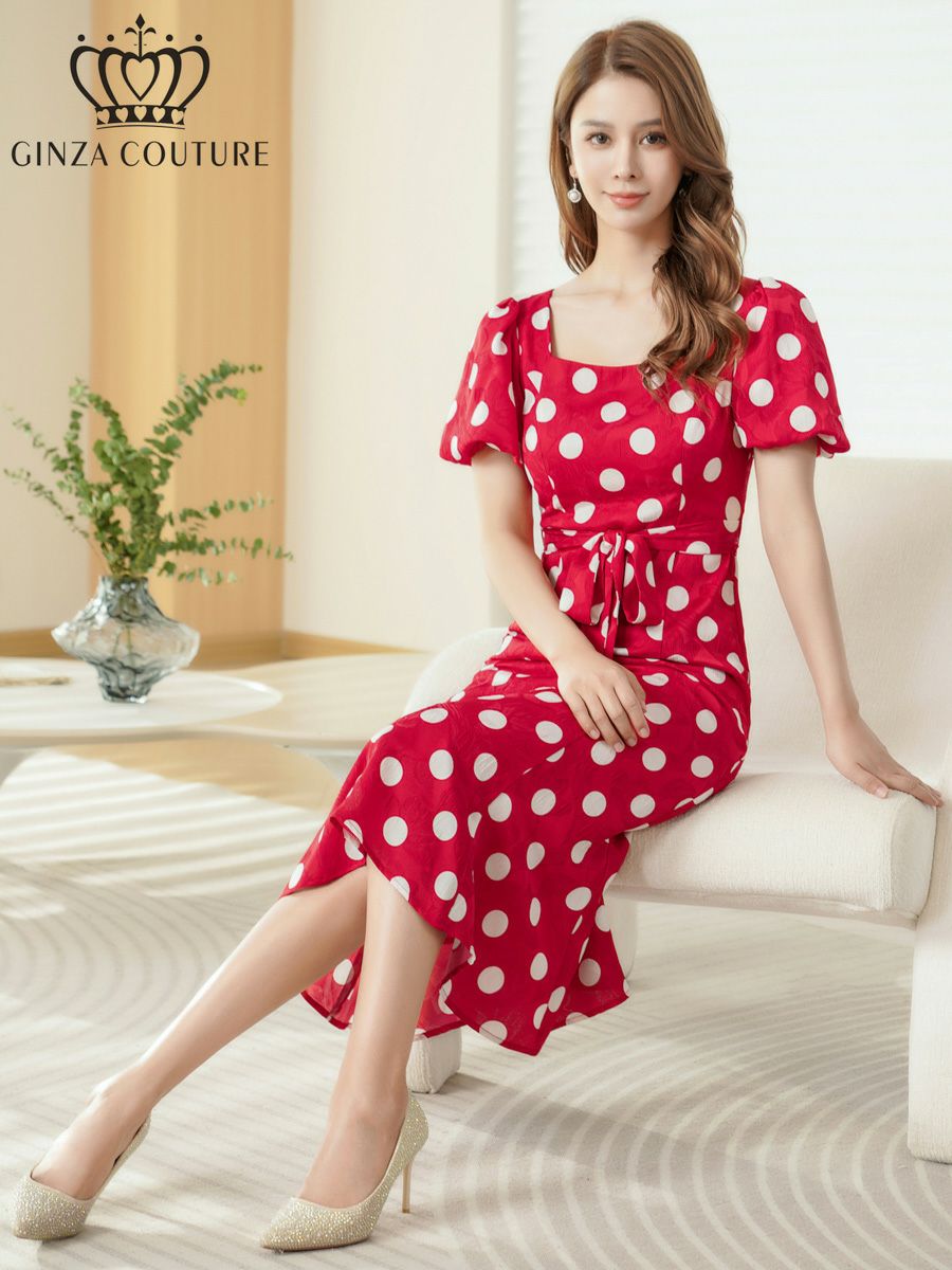 ERUKEI エルケイ パフスリーブ・半袖・サテンジャガード・ドット・リボン・Aライン・ミディアムドレス・ワンピース ek-c25084