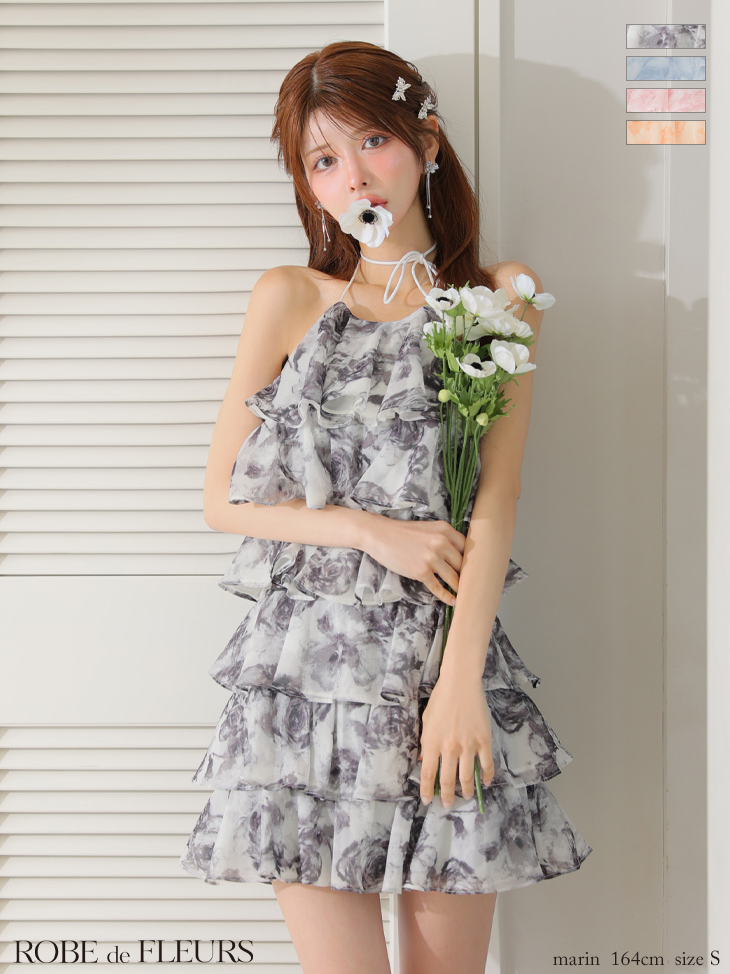 ROBE de FLEURS ローブドフルール シアーローズティアードワンピース ミニドレス fm4502