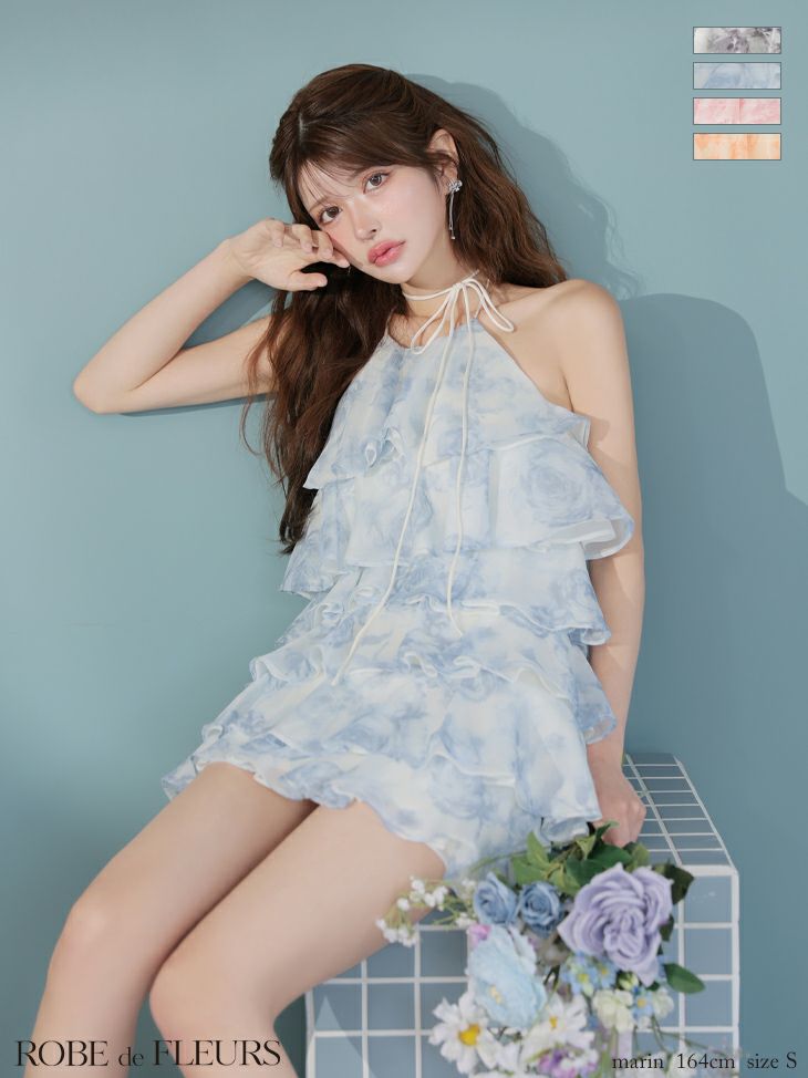 ROBE de FLEURS ローブドフルール シアーローズティアードワンピース ミニドレス fm4502