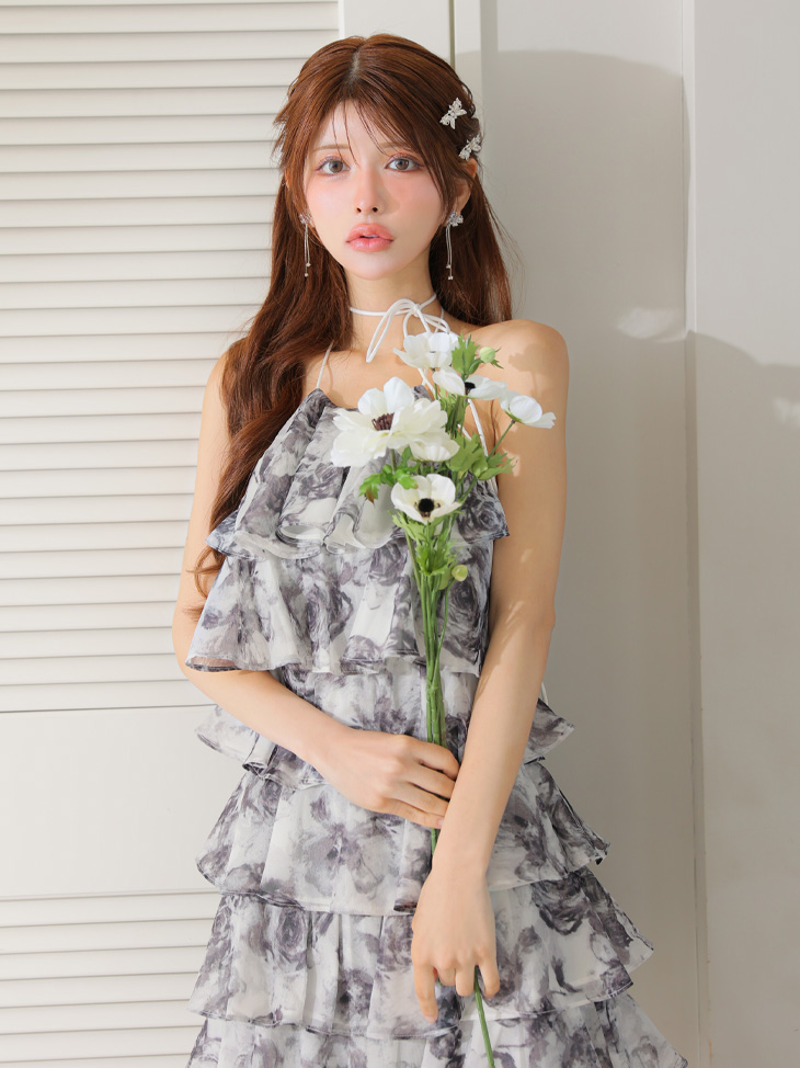 ROBE de FLEURS ローブドフルール シアーローズティアードワンピース ミニドレス fm4502