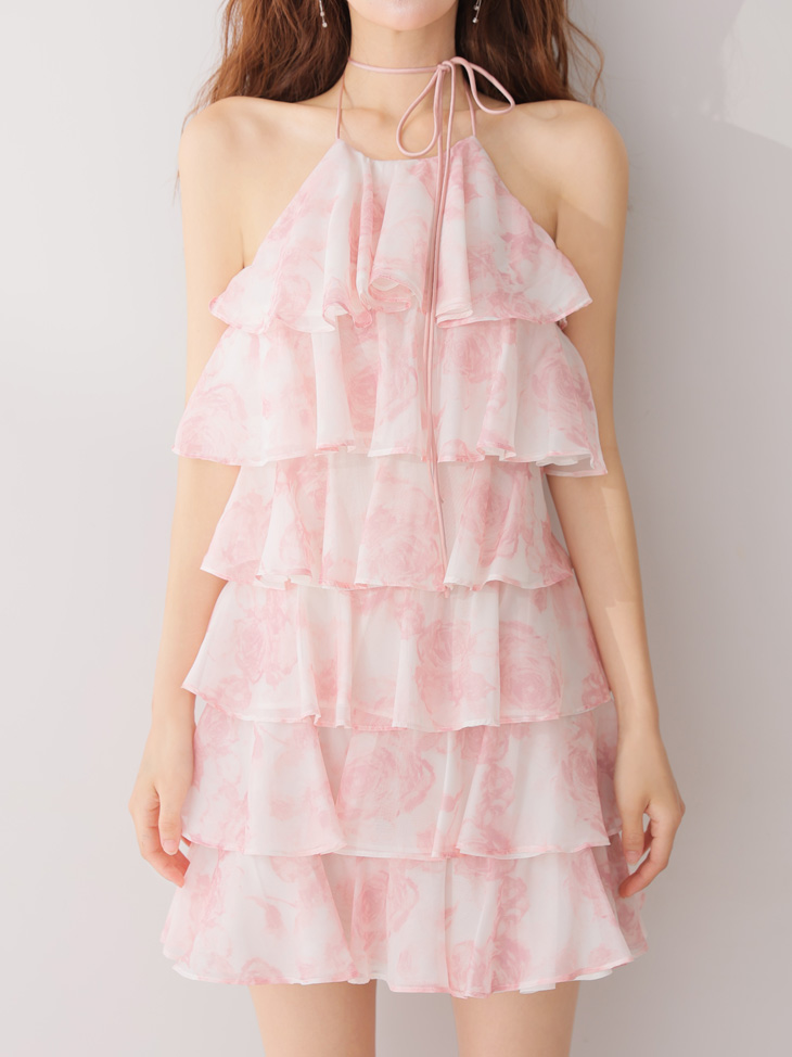 ROBE de FLEURS ローブドフルール シアーローズティアードワンピース ミニドレス fm4502