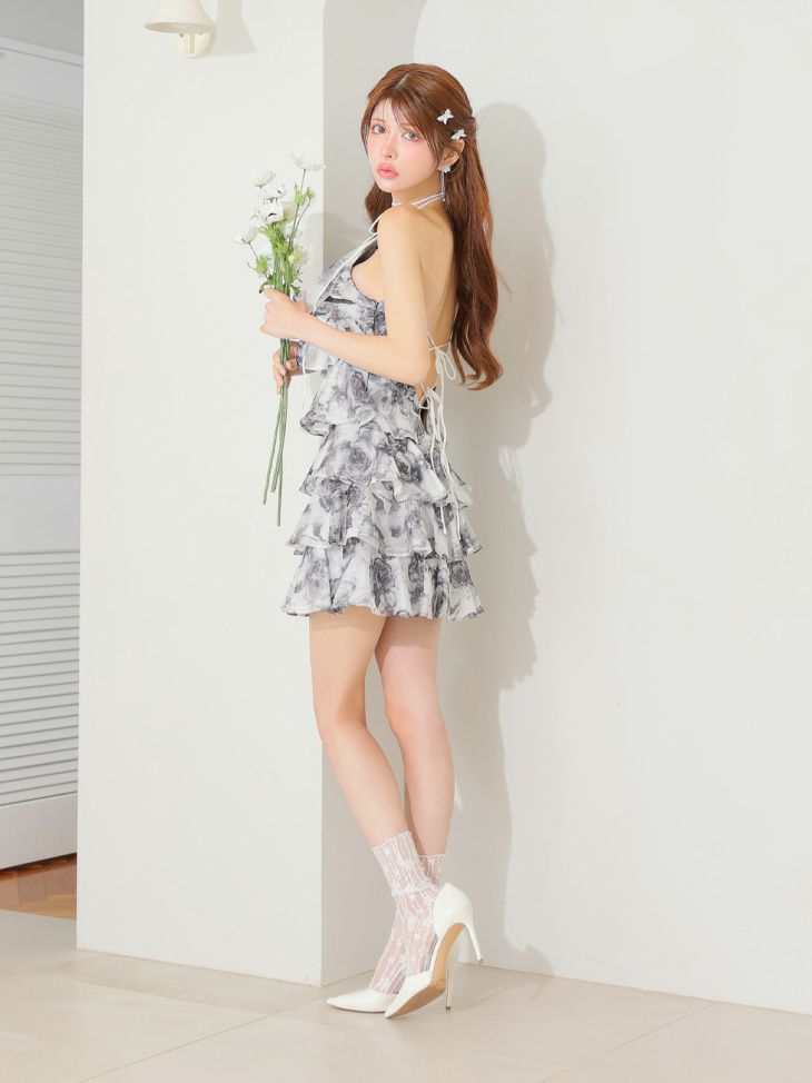 ROBE de FLEURS ローブドフルール シアーローズティアードワンピース ミニドレス fm4502-c