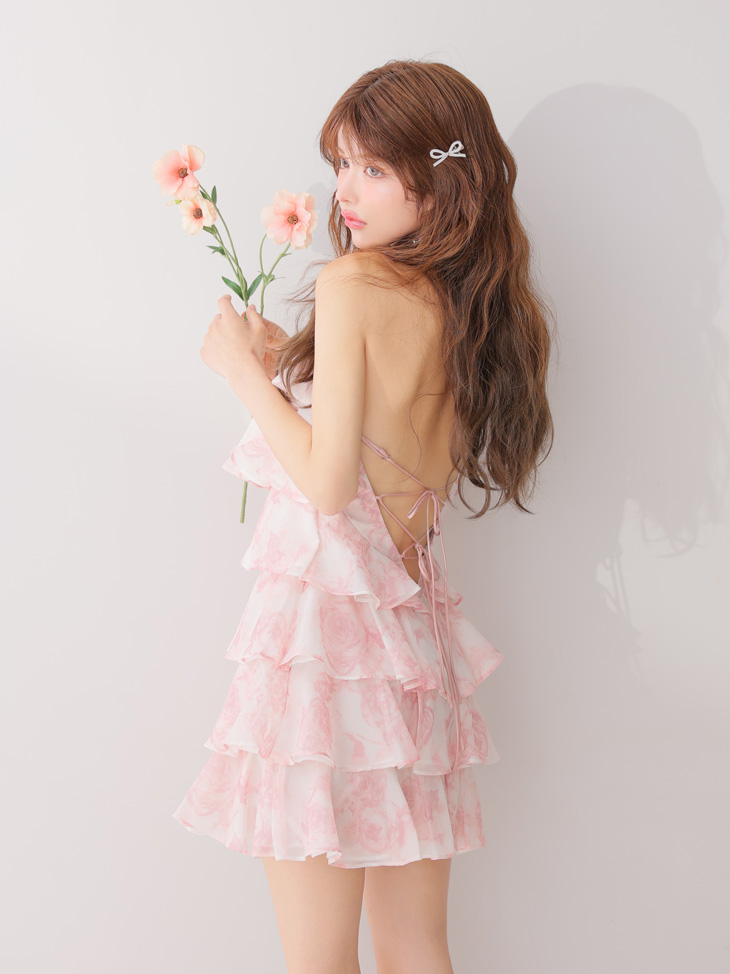 ROBE de FLEURS ローブドフルール シアーローズティアードワンピース ミニドレス fm4502-c
