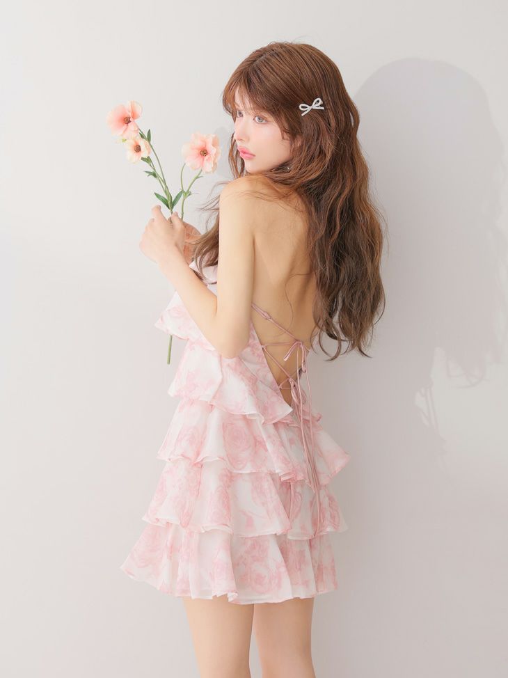 ROBE de FLEURS ローブドフルール シアーローズティアードワンピース ミニドレス fm4502-c