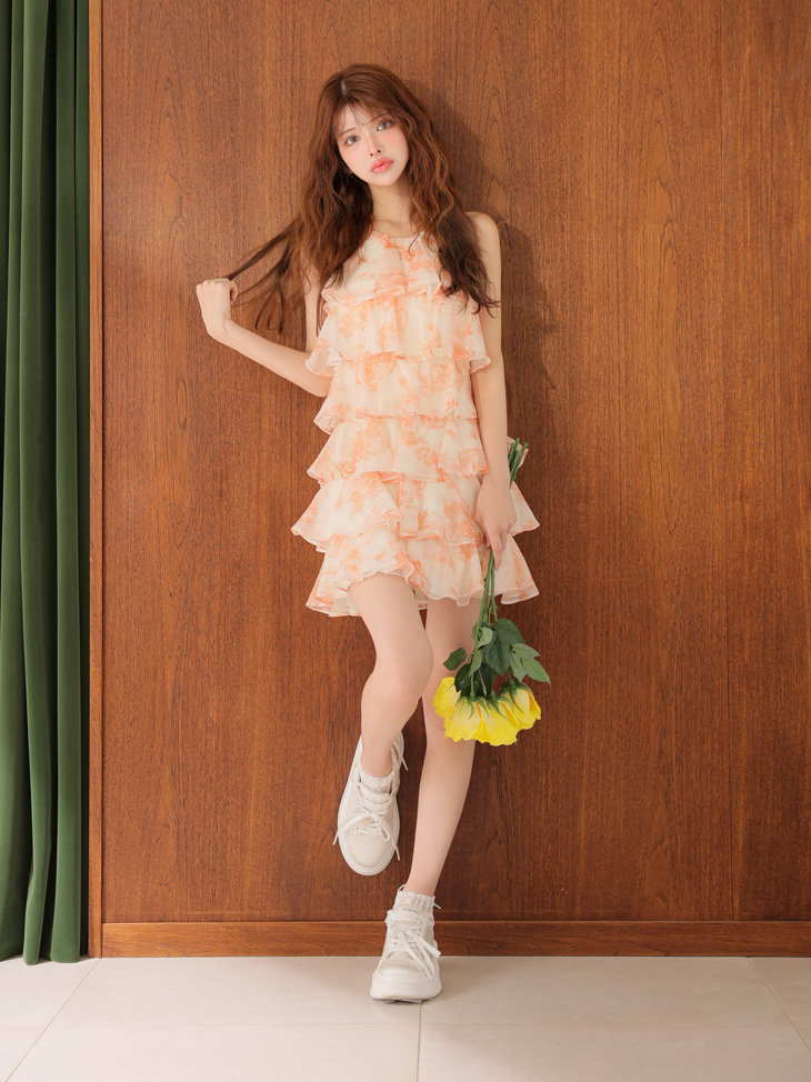 ROBE de FLEURS ローブドフルール シアーローズティアードワンピース ミニドレス fm4502-c