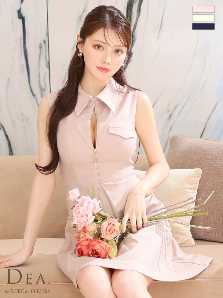 DEA. ディア バイ ローブドフルール センタージップシンプルノースリーブレディキャバドレス de3337