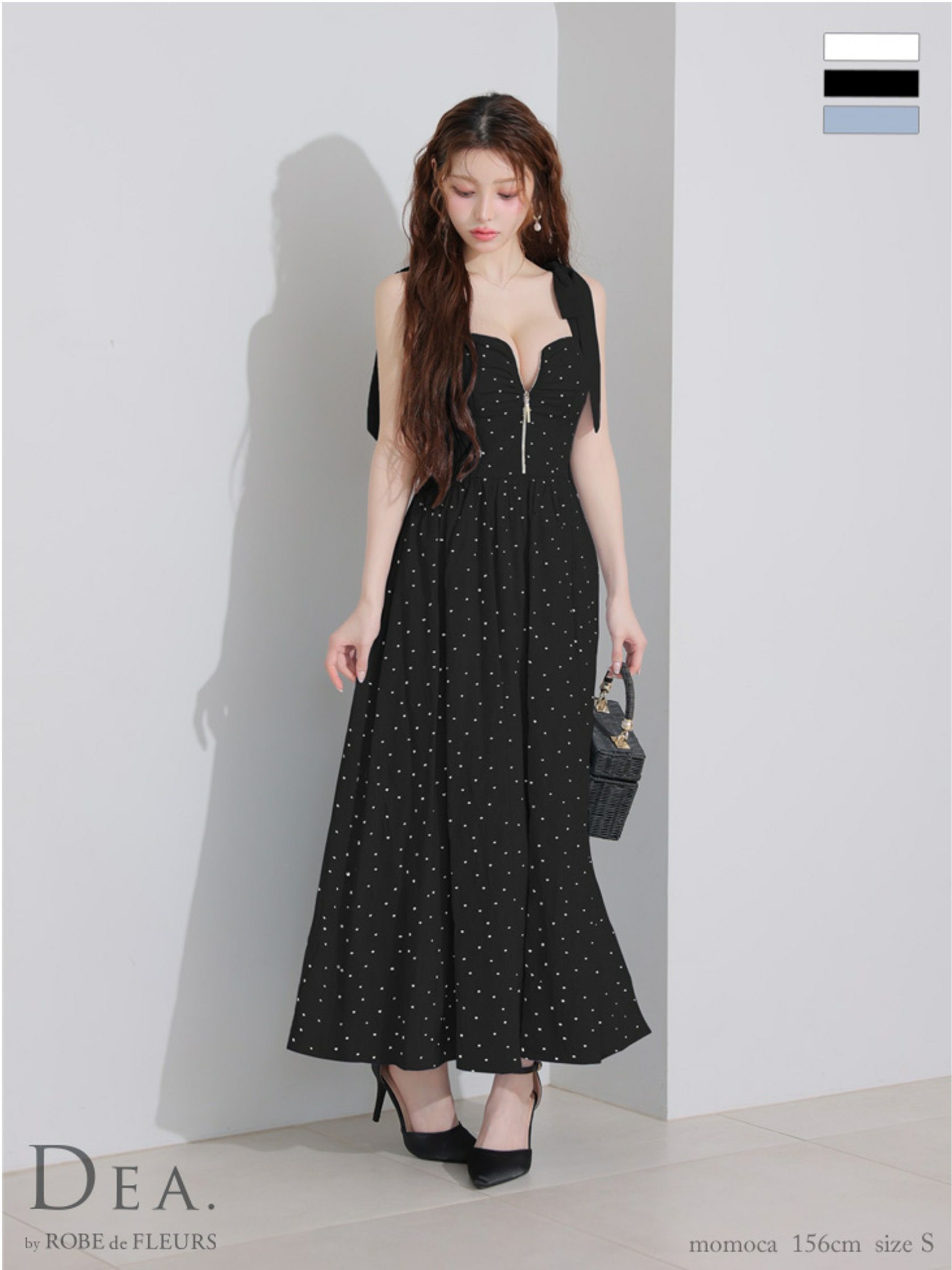  DEA. ディア バイ ローブドフルール ショルダーリボンドットフレアロングキャバドレス de4200-c
