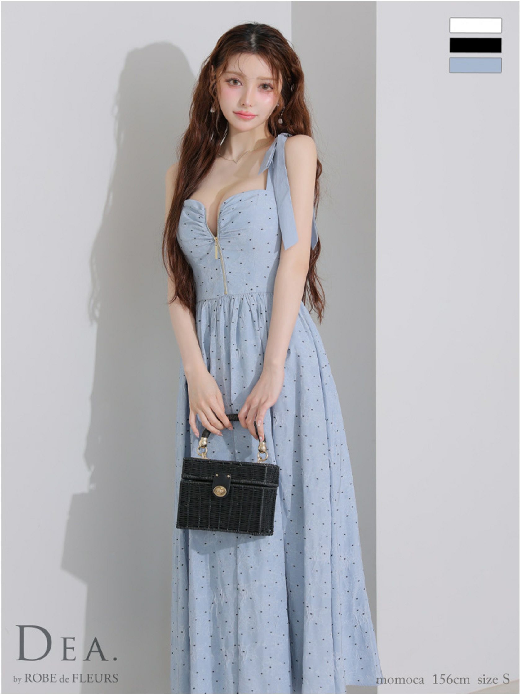  DEA. ディア バイ ローブドフルール ショルダーリボンドットフレアロングキャバドレス de4200-c